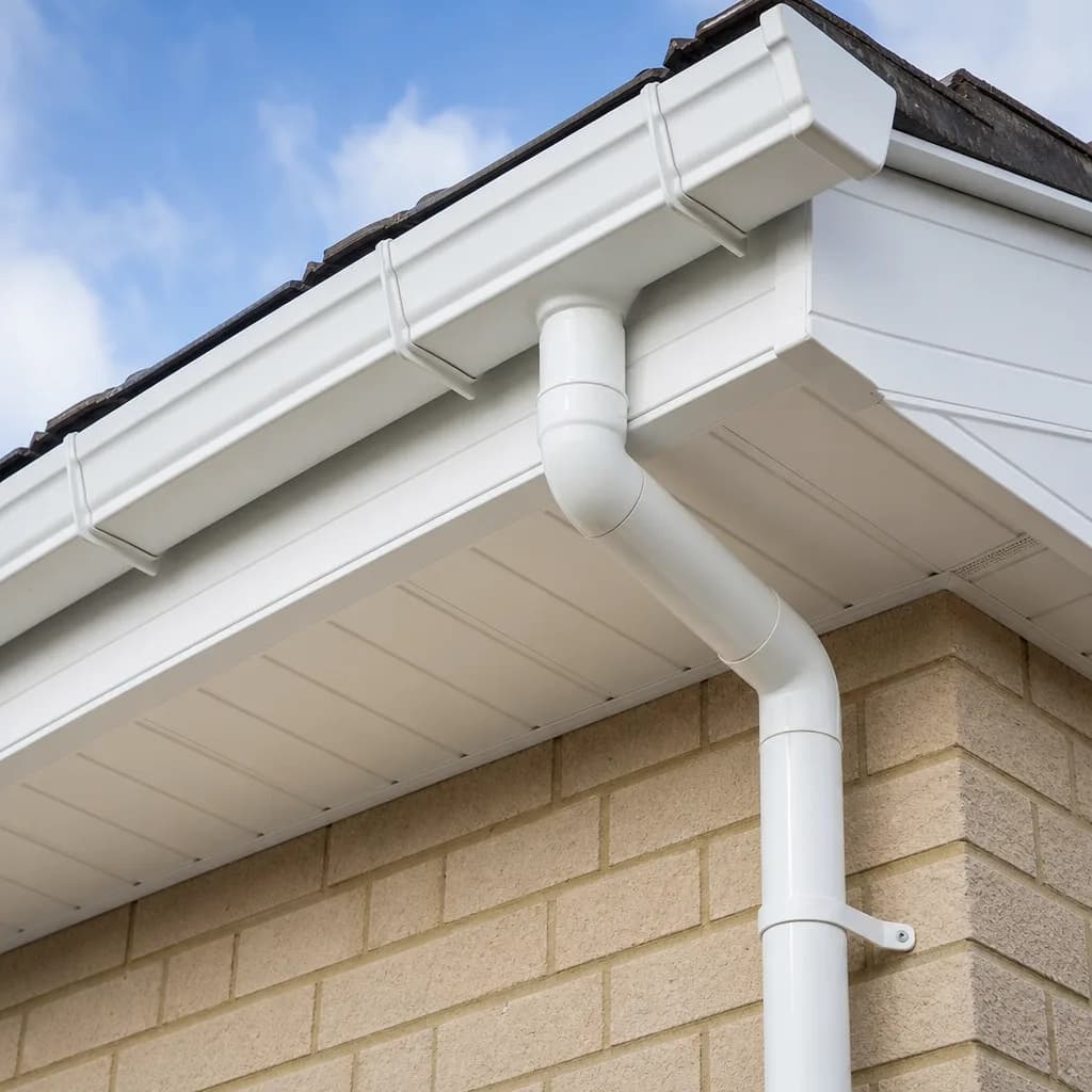 White uPVC fascia, soffit and guttering installed along a roof edge with a downpipe