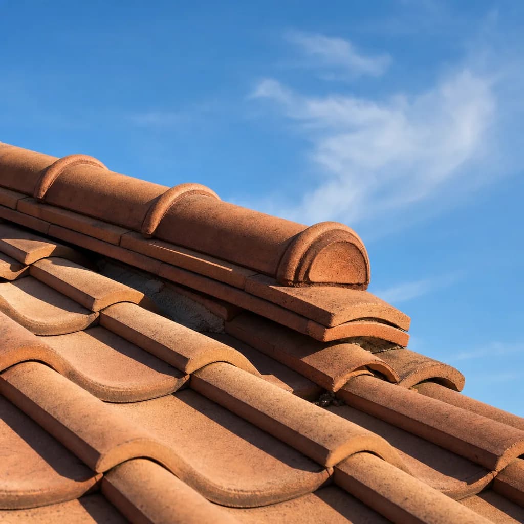 Traditional clay-tiled roof with a half-round ridge line against a blue sky