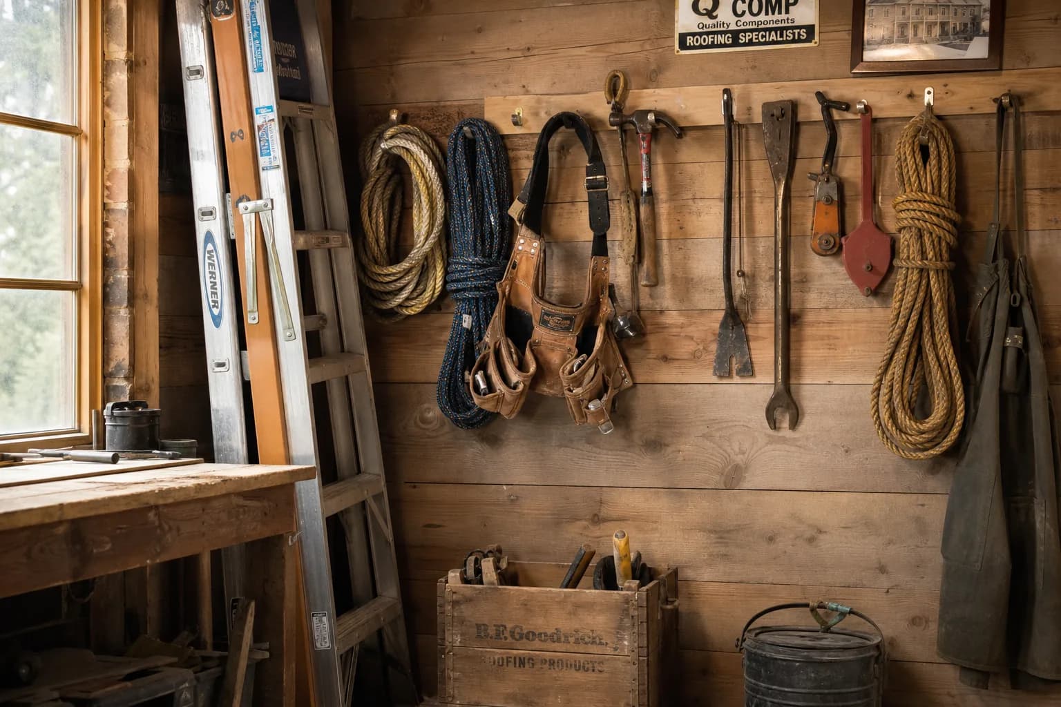 Tidy workshop with ladders, roofing tools and rope
