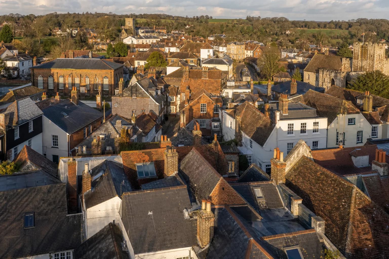 Aerial view across the rooftops of a Kent town