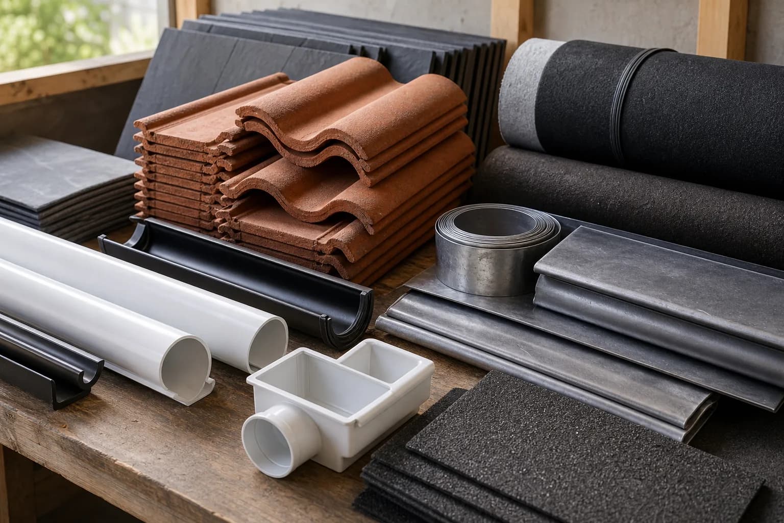 Roofing materials including clay tiles, lead flashing and guttering on a workbench
